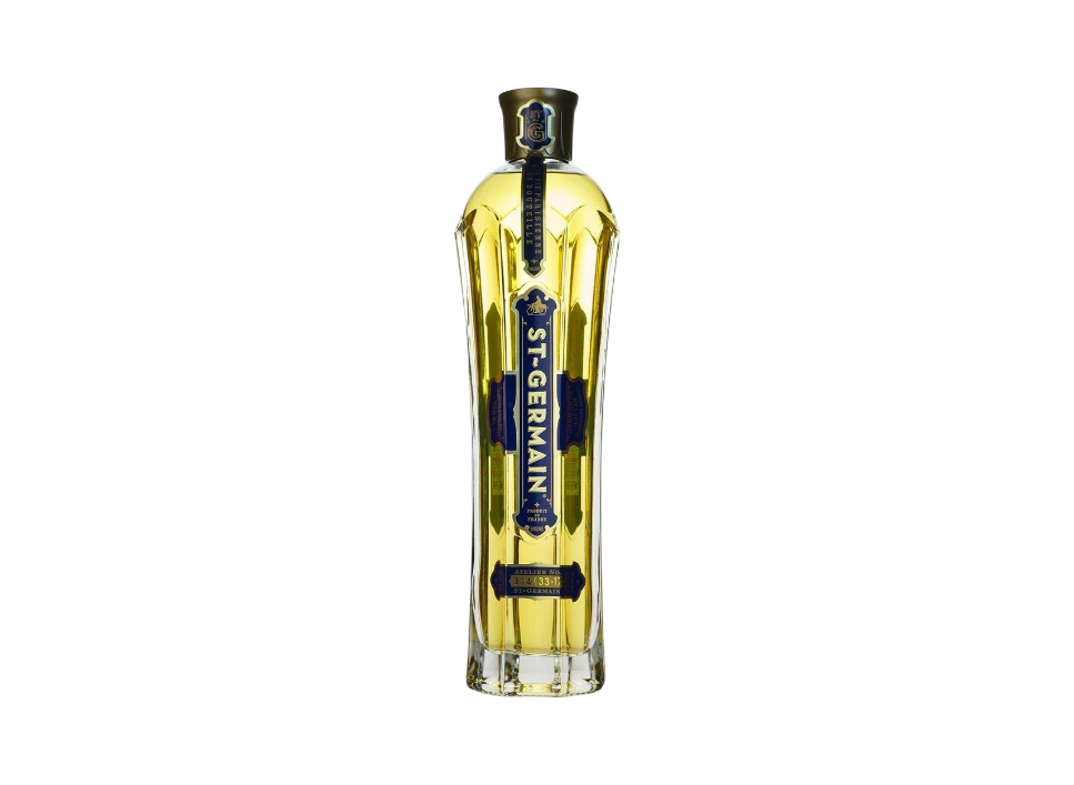 Bottle of St-Germain elderflower liqueur on a black background