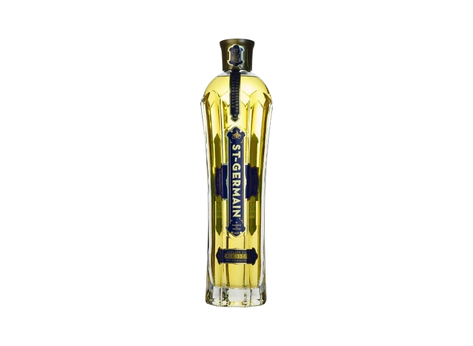 Bottle of St-Germain elderflower liqueur on a black background