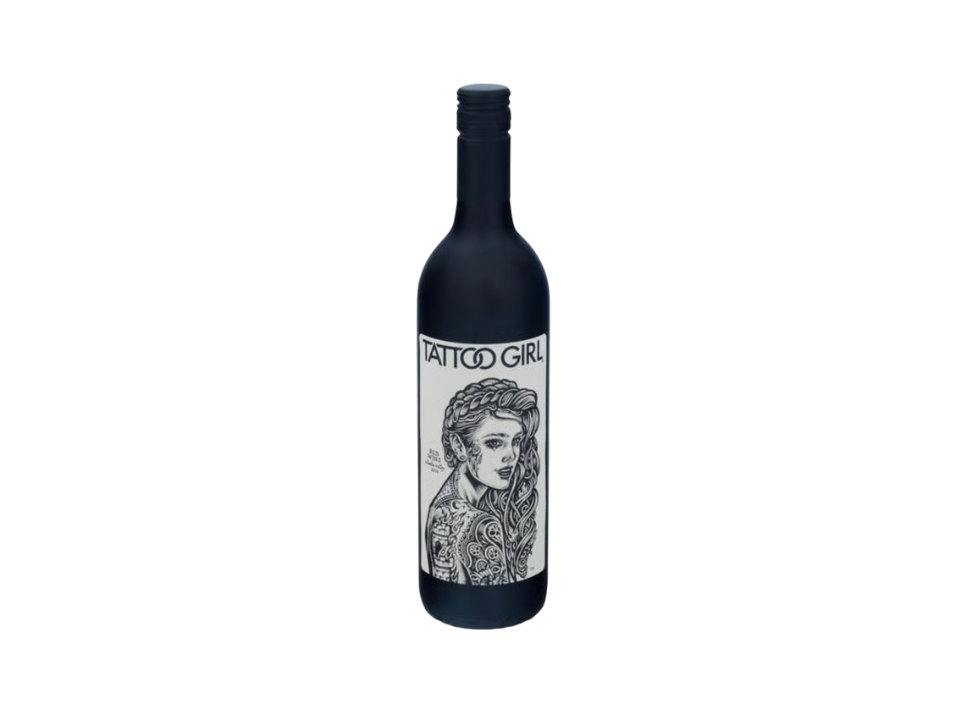 A wine bottle featuring a tattoo girl design label