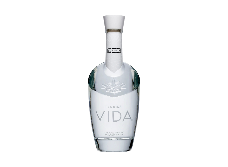 Clear tequila bottle labeled Vida on a black background