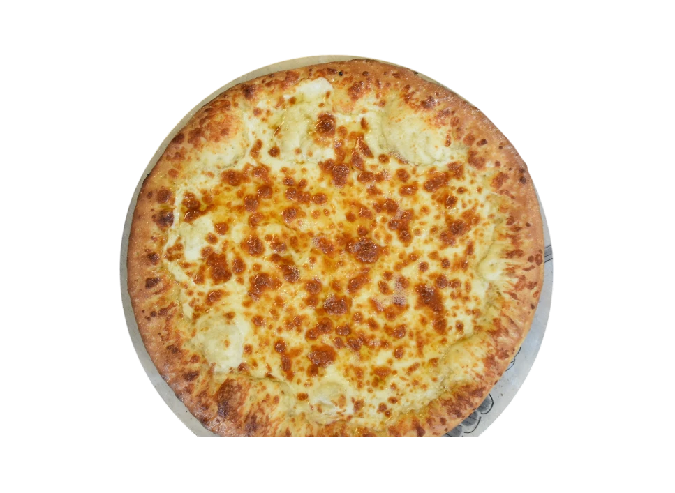 Golden-brown cheese pizza with a crispy crust.