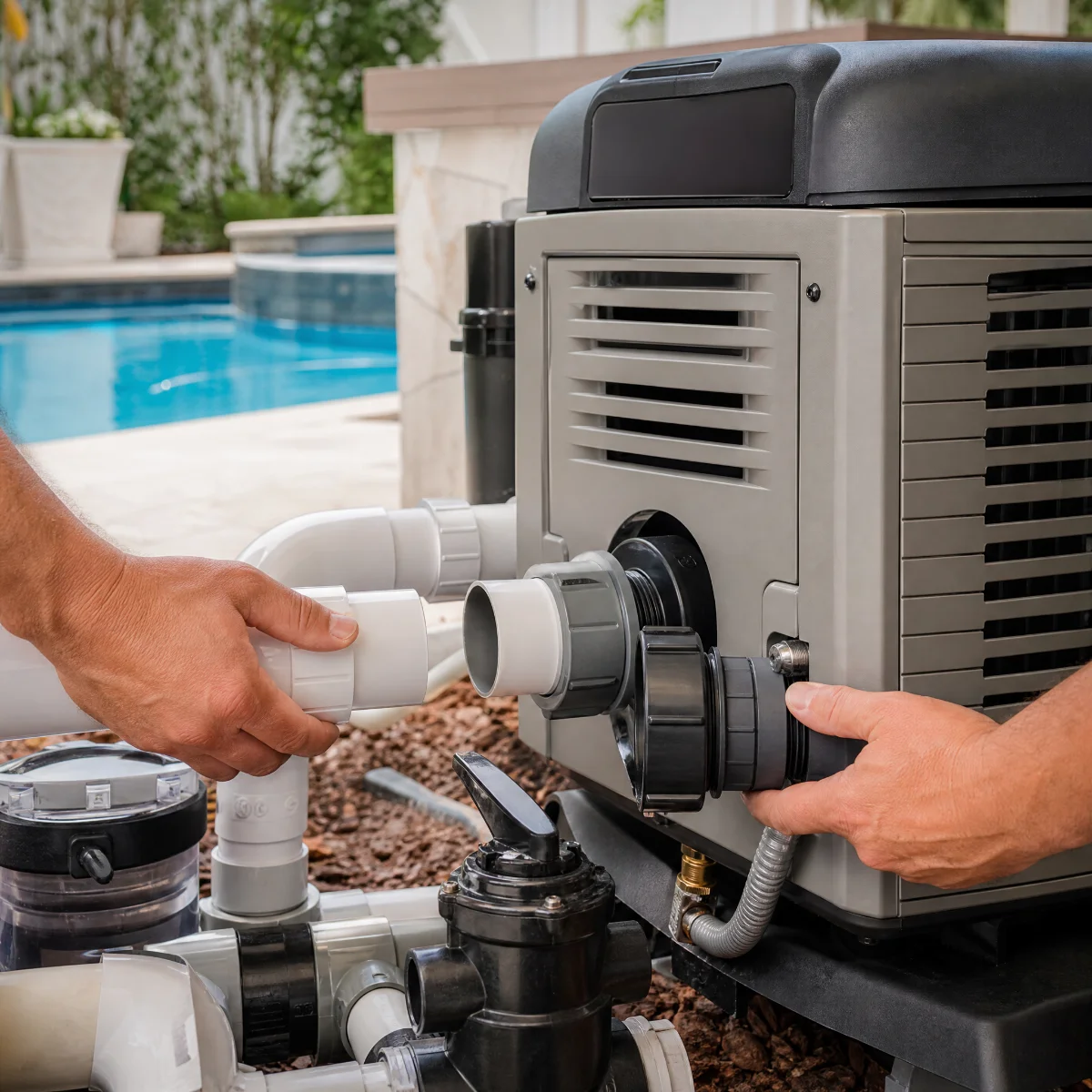 Hands connecting pipes to a pool heater by a swimming pool.