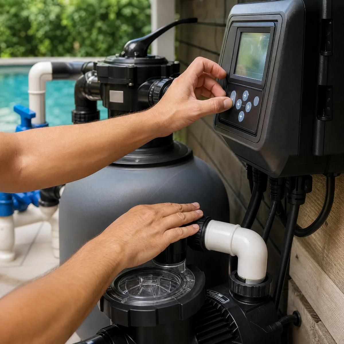Person adjusting pool pump control panel