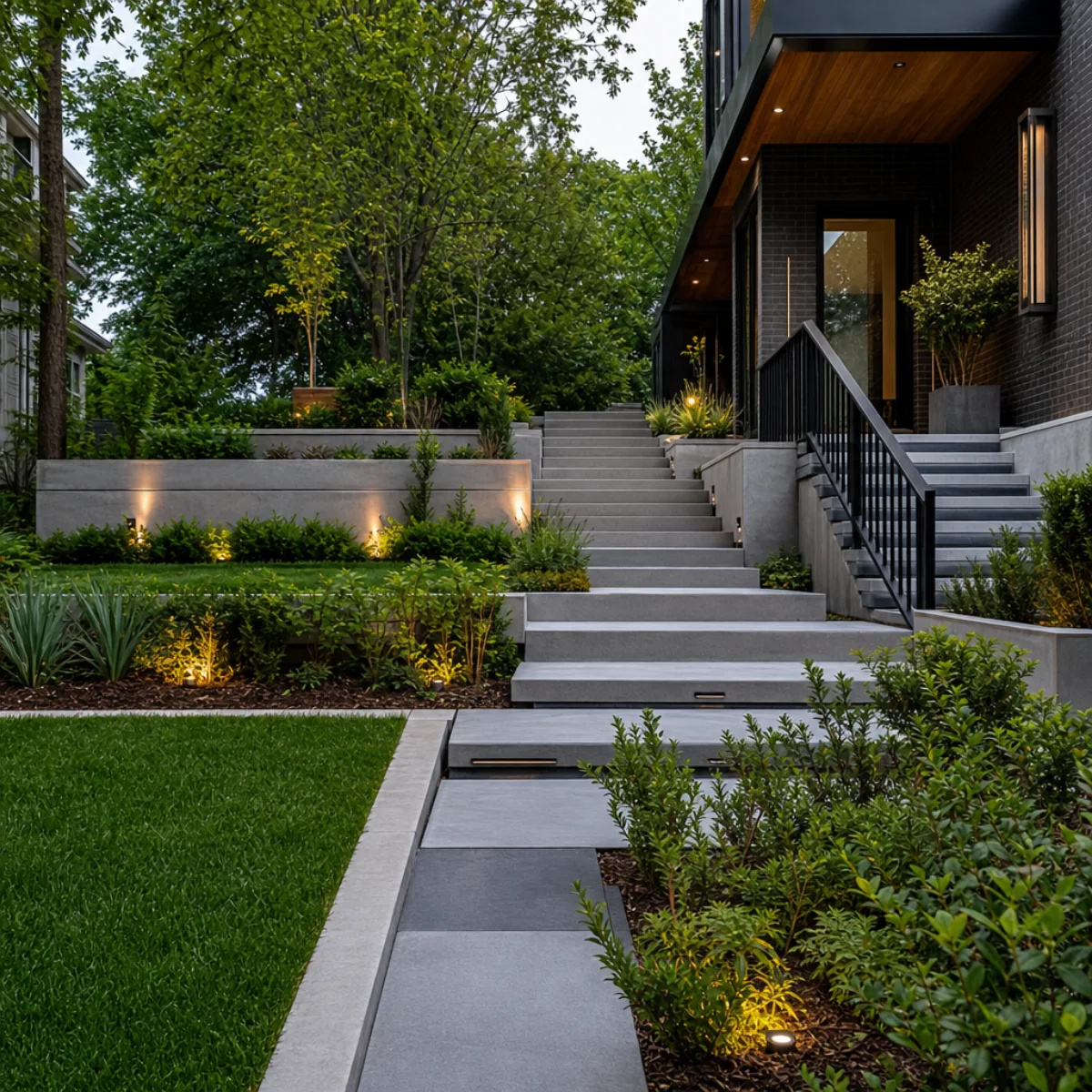 Modern landscaped garden with illuminated stairs and greenery