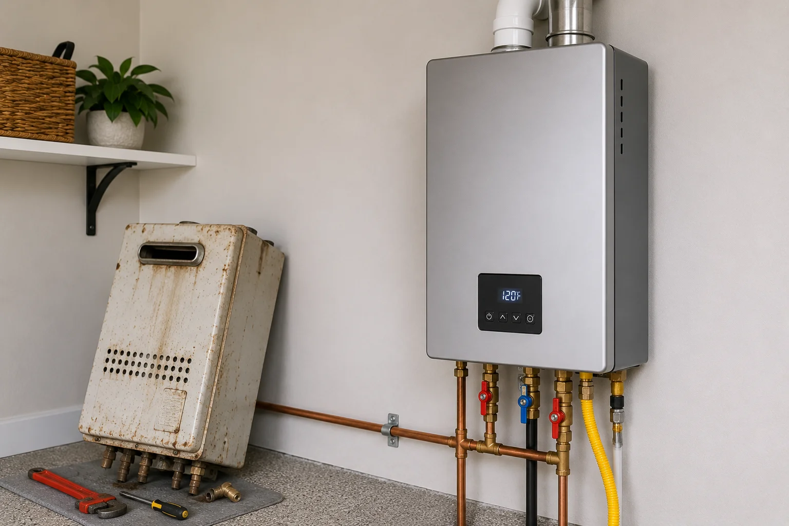 Modern tankless water heater installed on wall