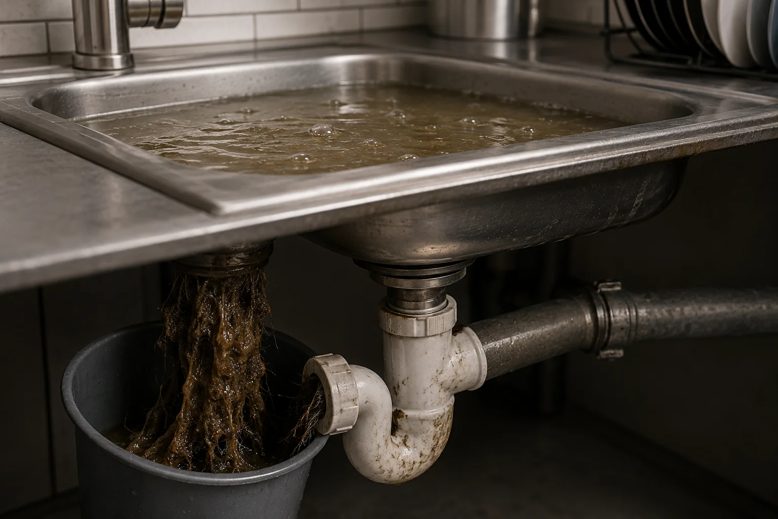 Clogged kitchen sink with brown murky water