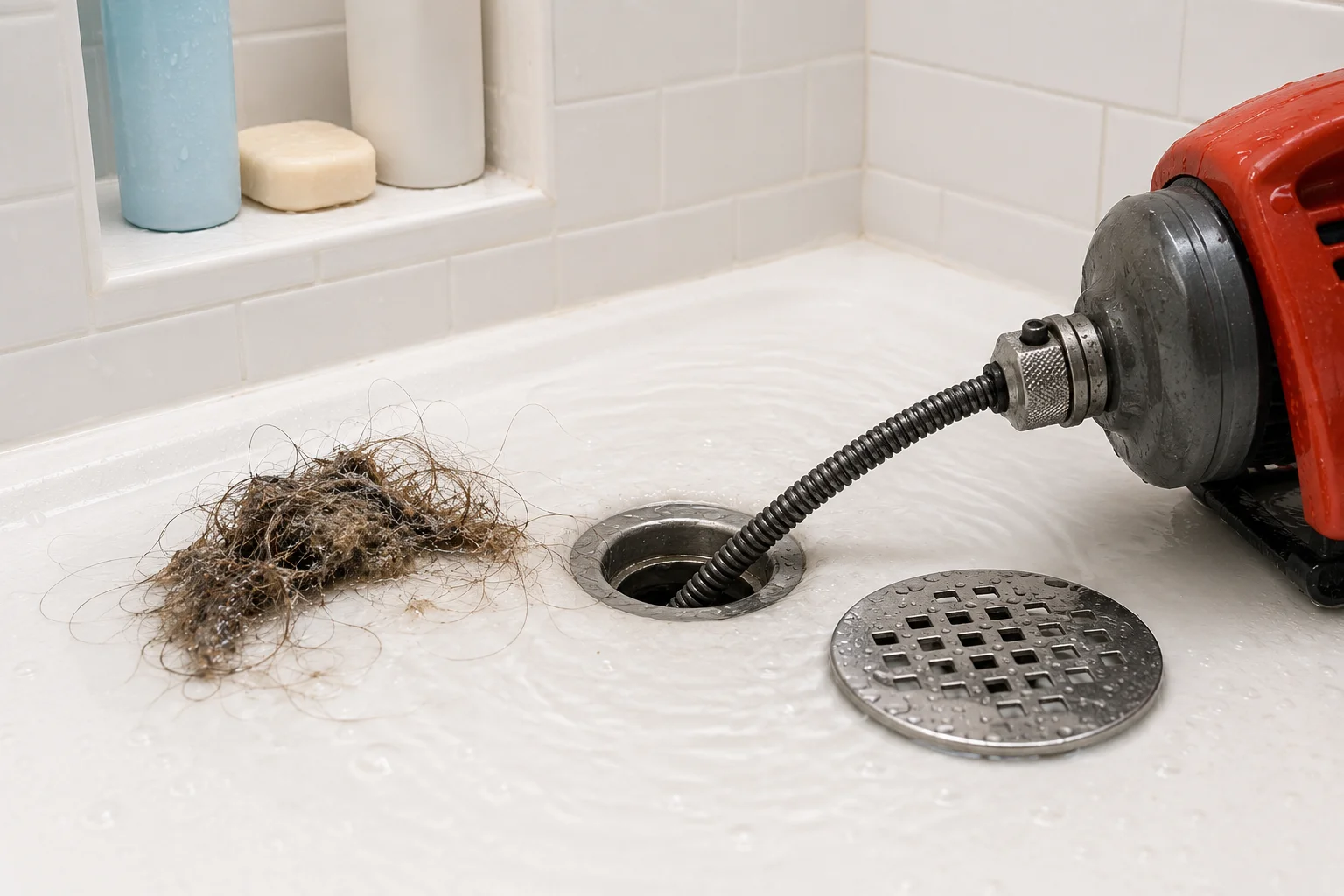 Clogged drain with hair and plumbing tool