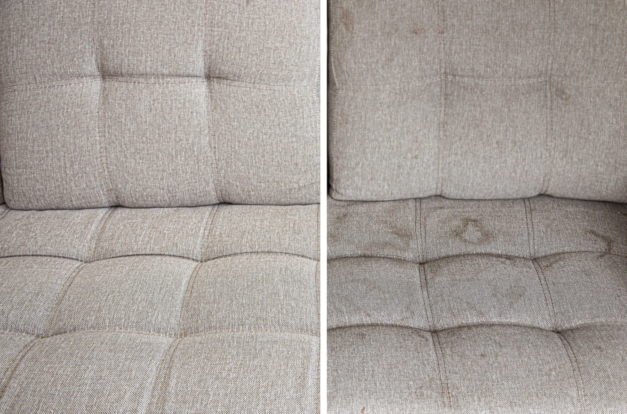 Before and after cleaning a fabric sofa