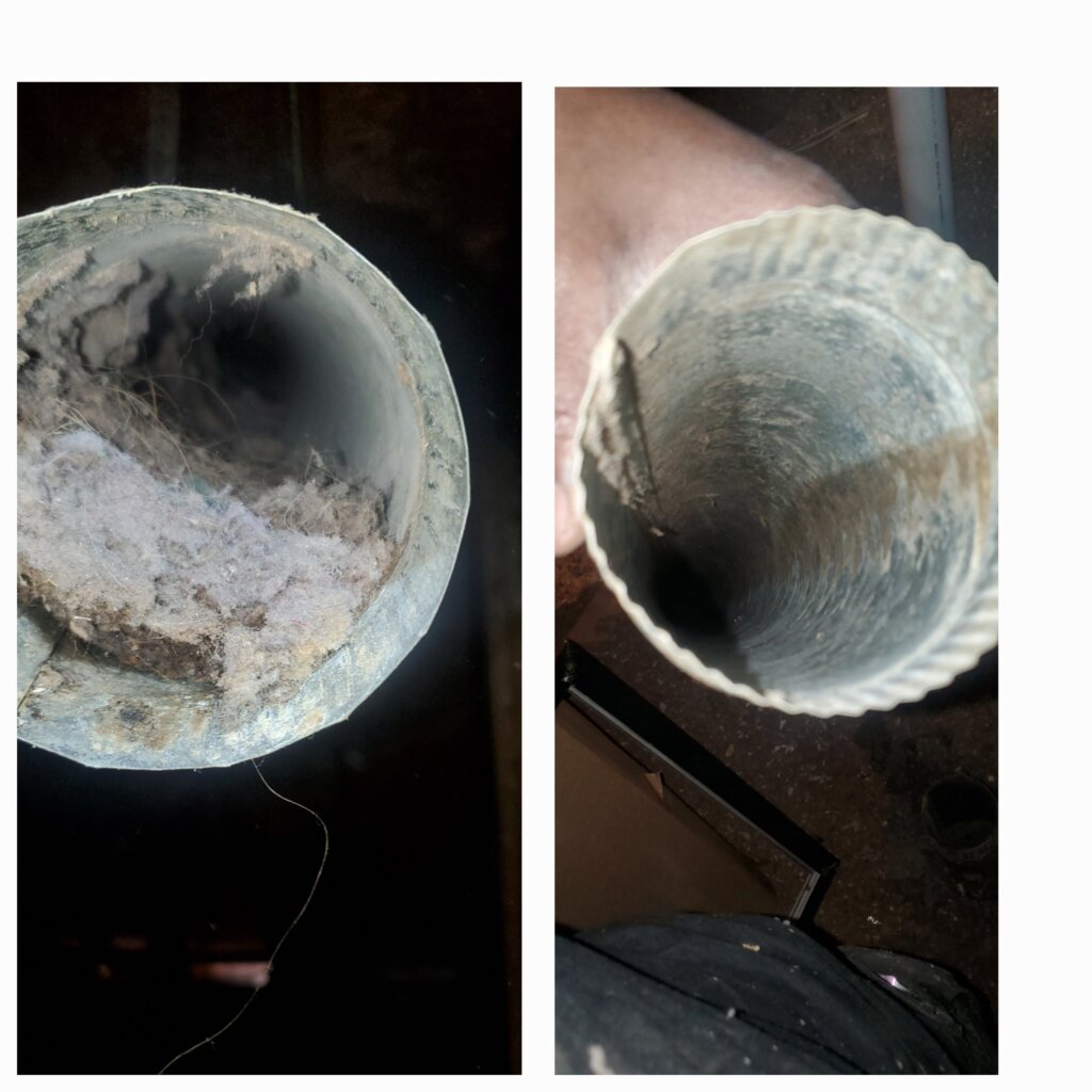 Close-up of a clogged duct showing debris and dirt inside