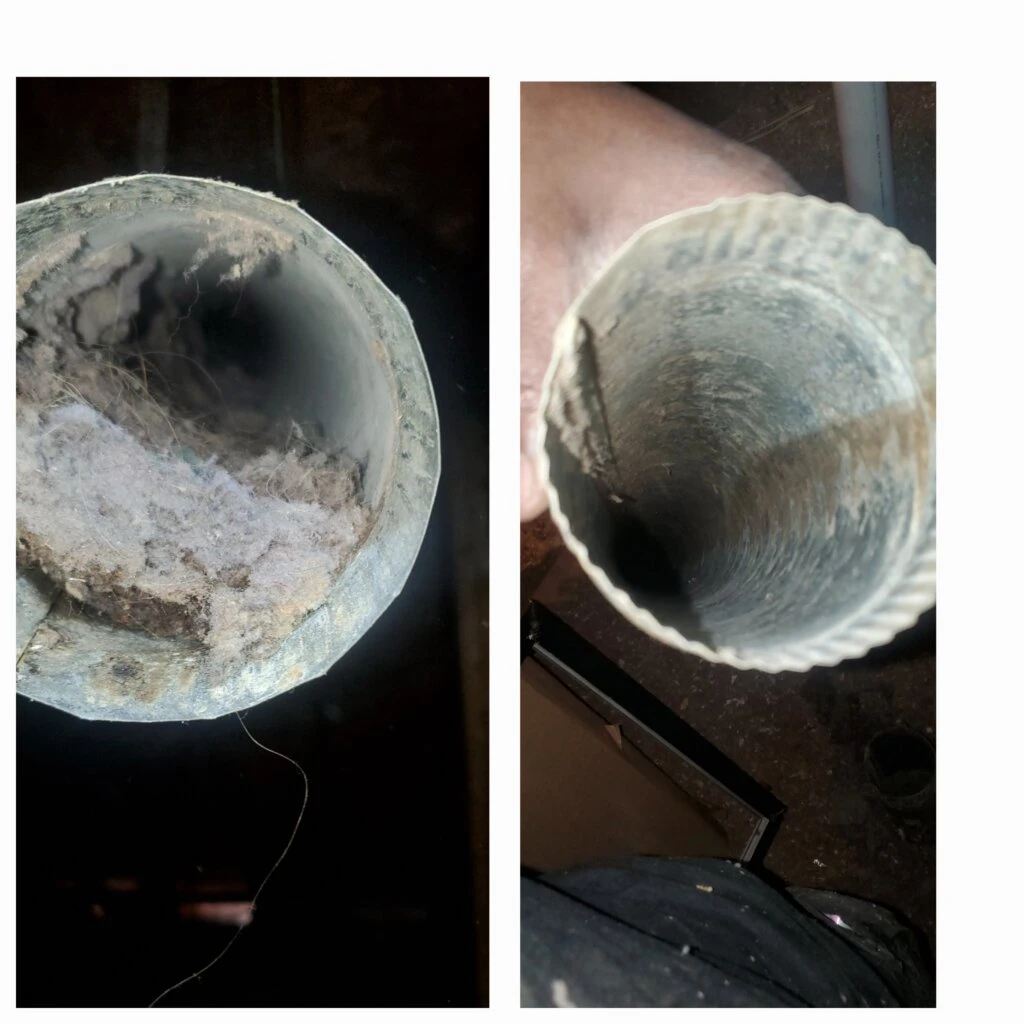 Close-up of a clogged duct showing debris and dirt inside
