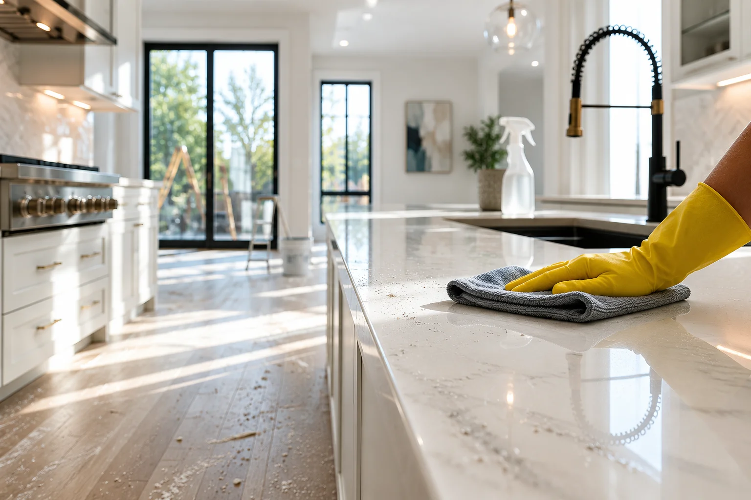 Cleaning a modern kitchen countertop with a cloth