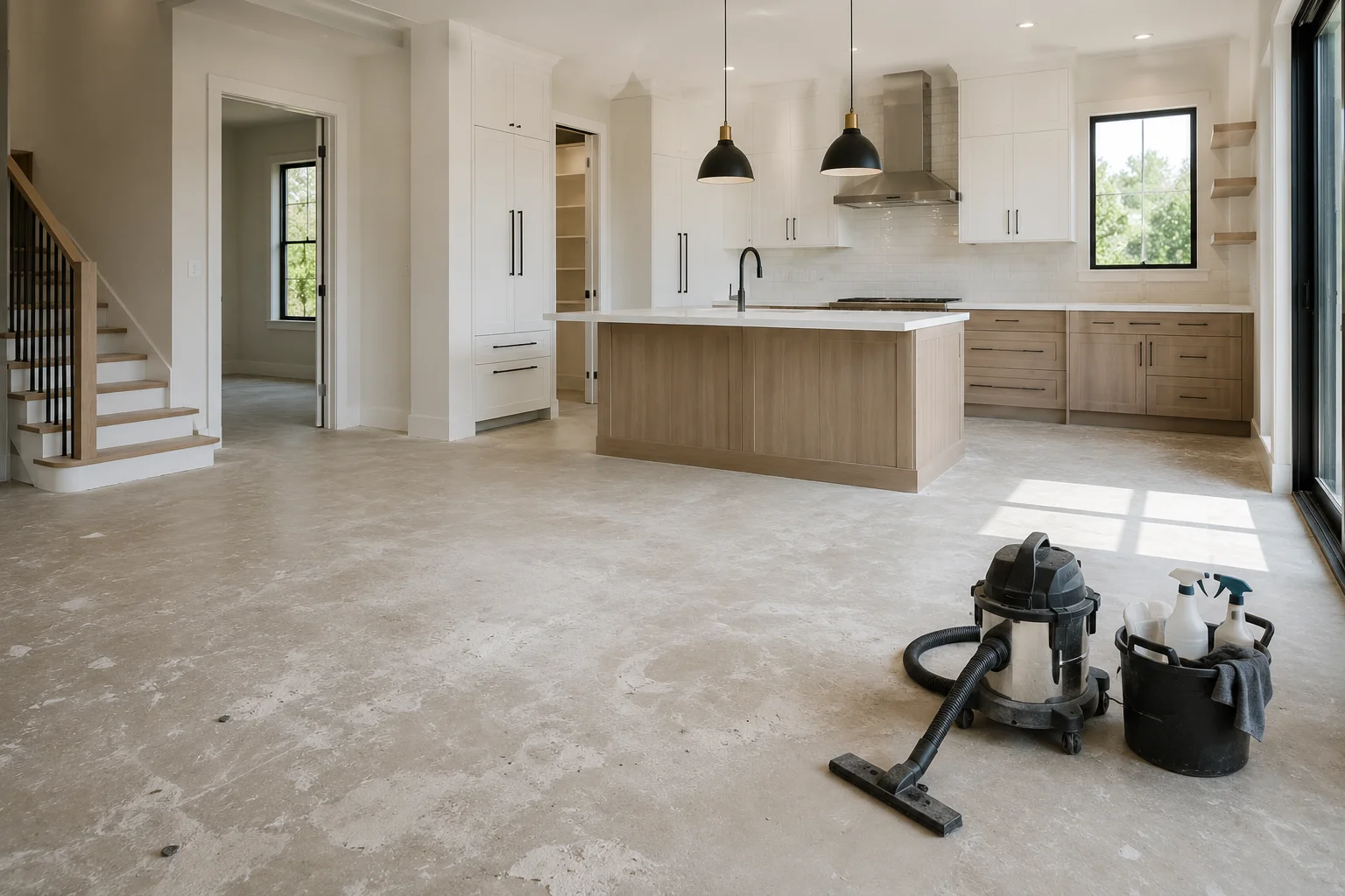 Modern kitchen interior with cleaning equipment