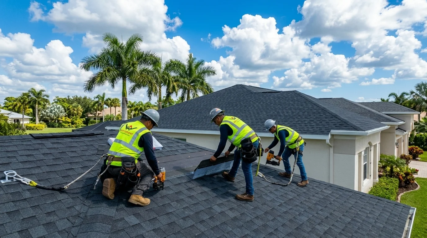 Roofing workers installing shingles on a house under a blue sky with clouds.