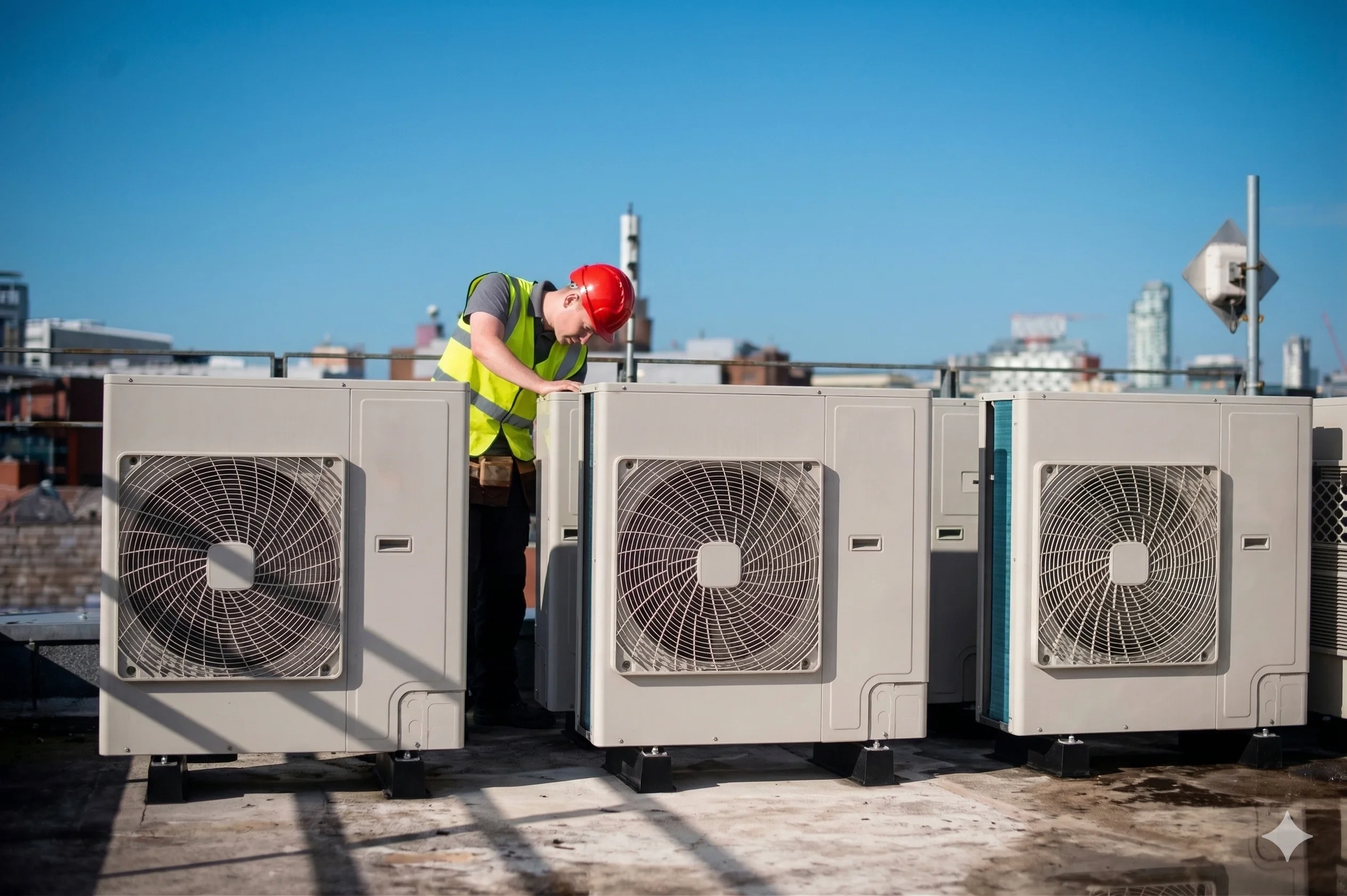 Technician working on rooftop air conditioning units.