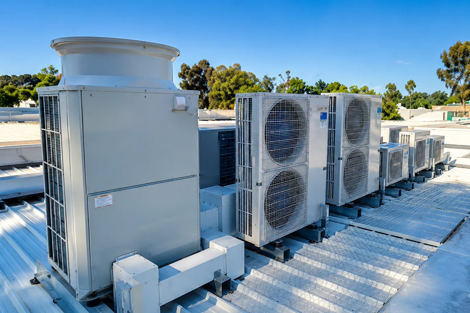 Commercial rooftop HVAC units under a clear blue sky