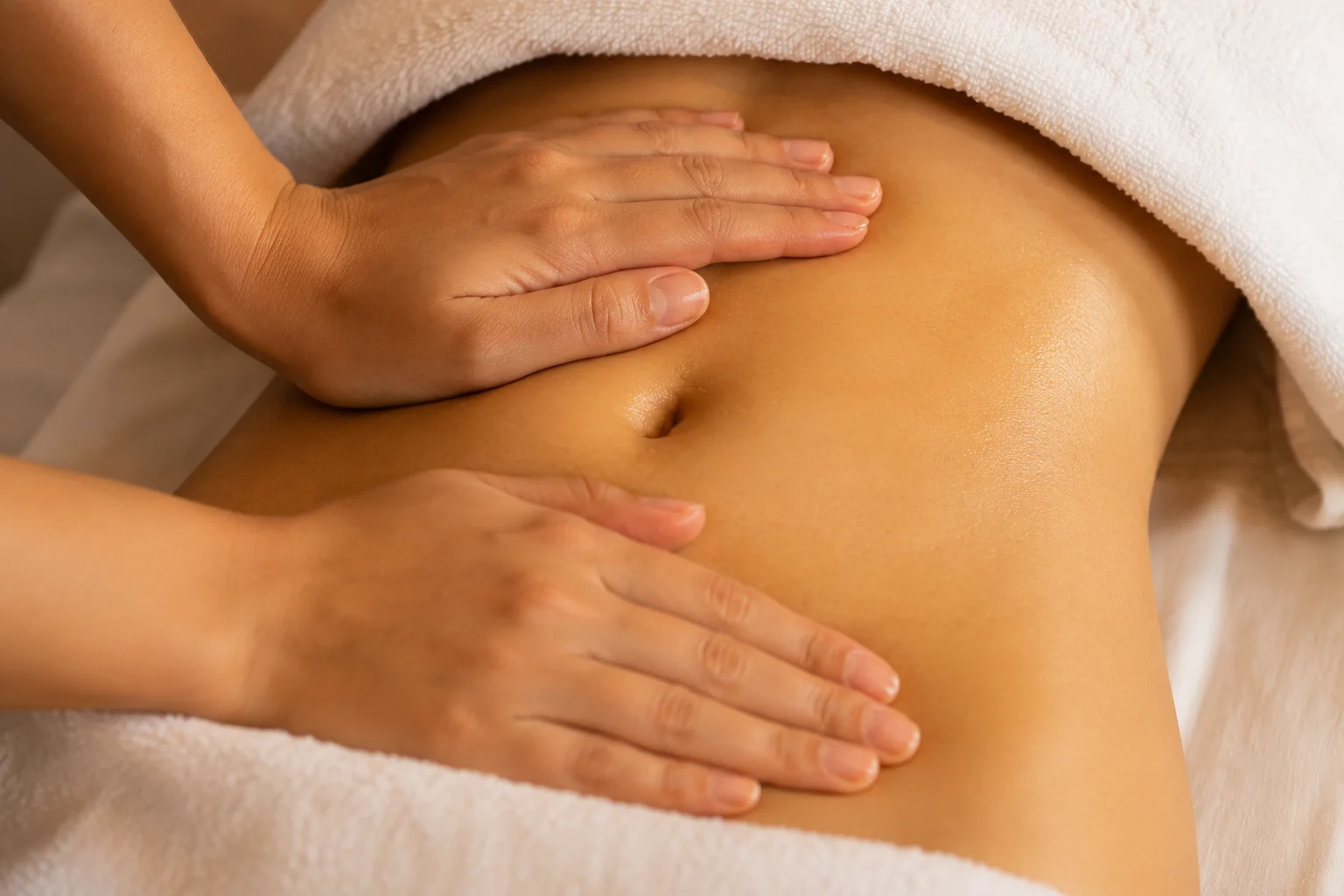 Massage therapy session on a client's abdomen