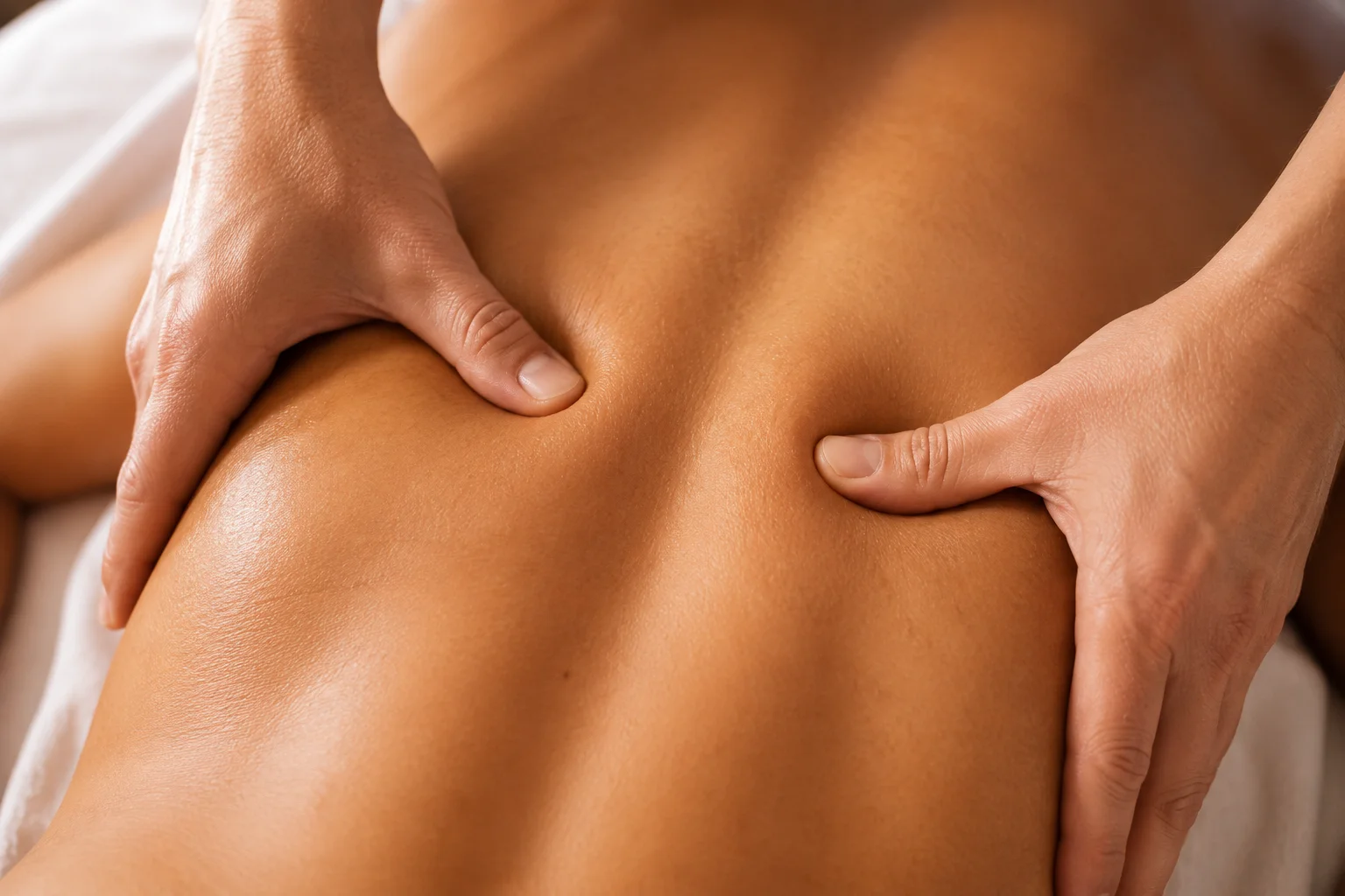 Close-up of a massage being performed on a back.
