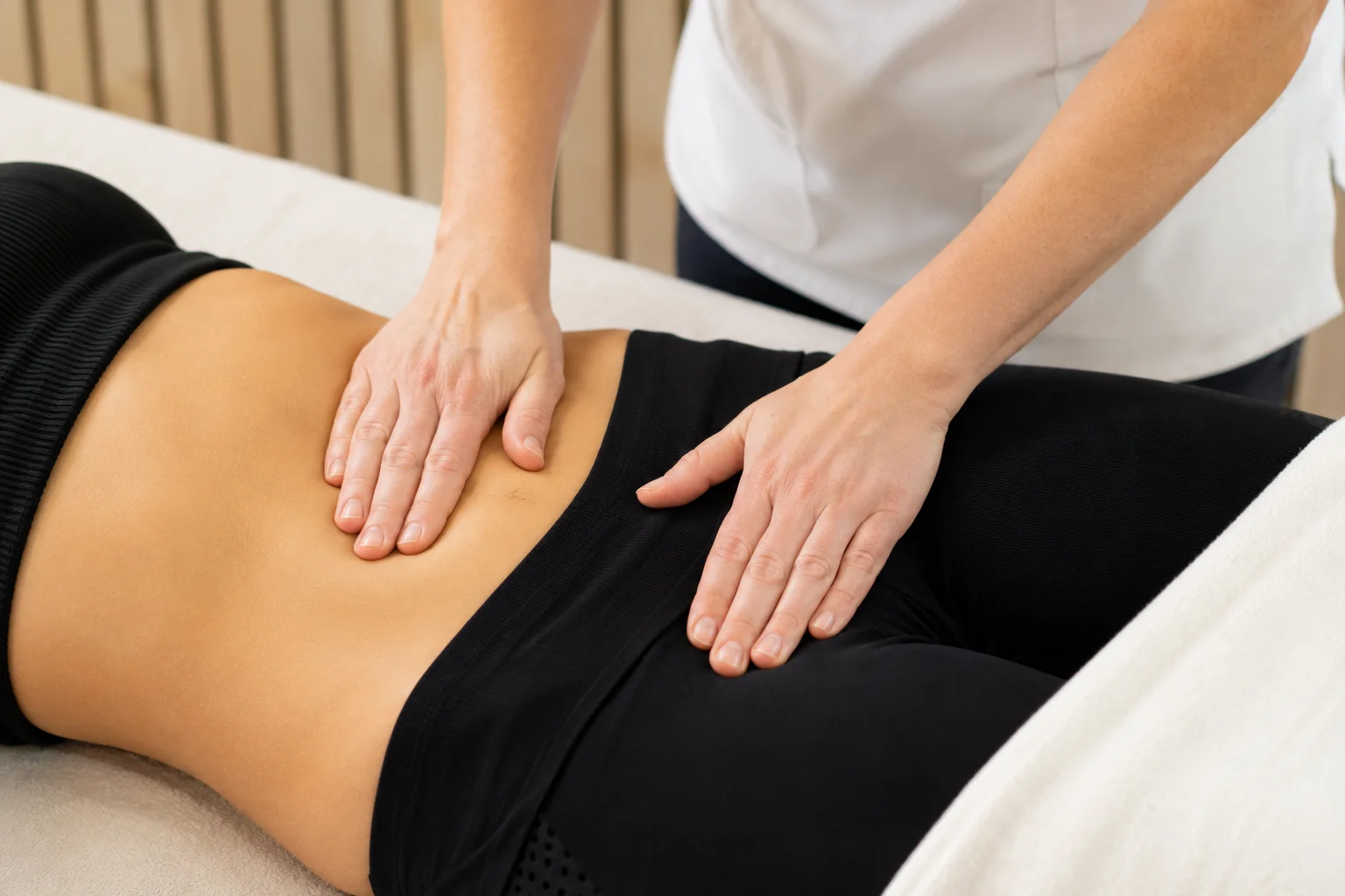 Therapist performing abdominal massage on a client