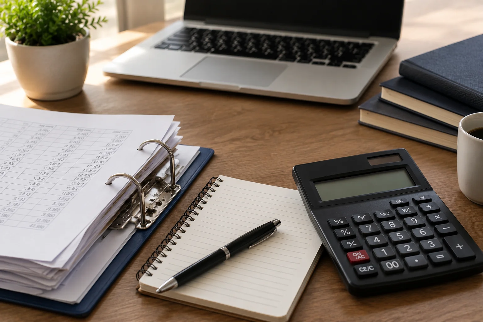 Office desk with calculator, notebook, and laptop.