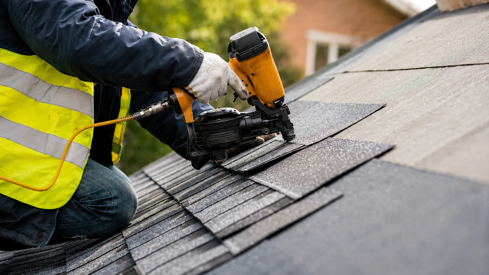 Construction worker installing roofing shingles using a nail gun.
