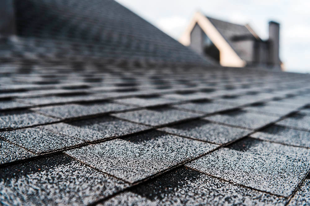 Close-up of a textured asphalt shingle roof