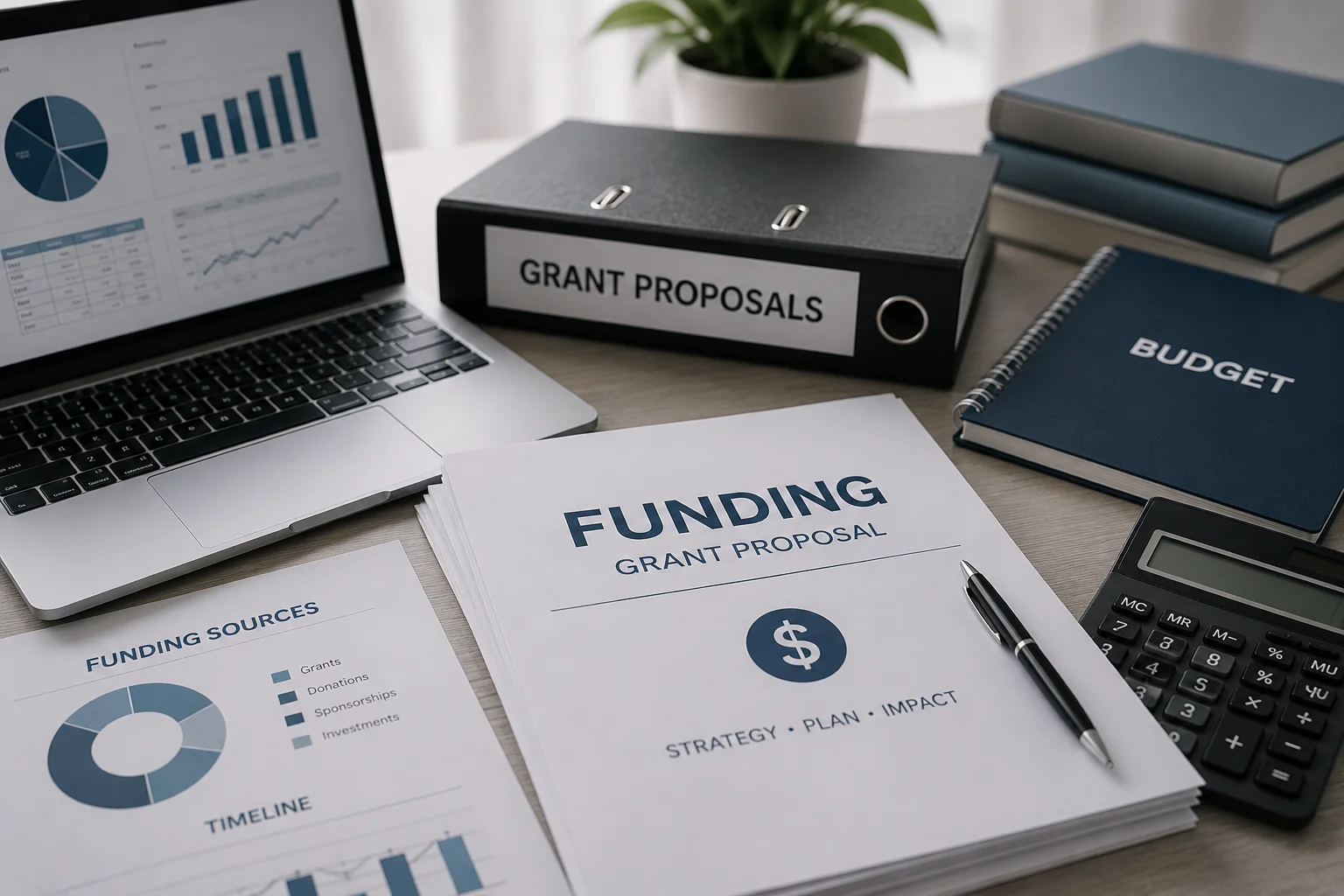 Office workspace featuring funding proposal documents