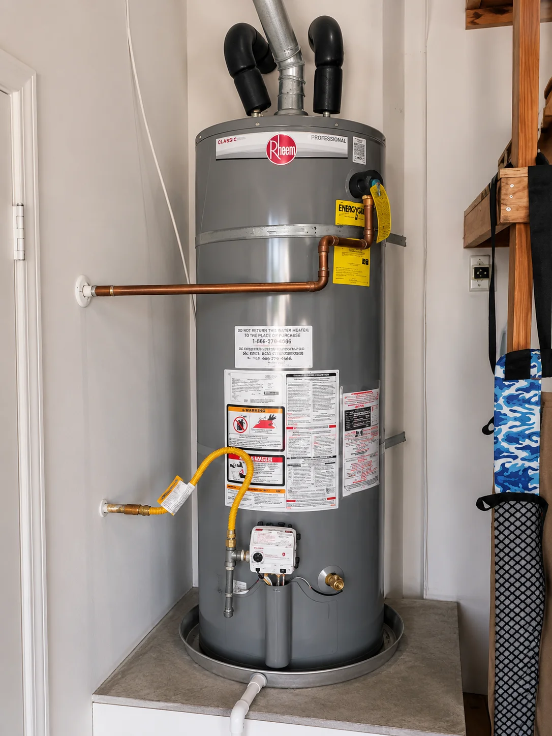 Rheem water heater installation in a bright space
