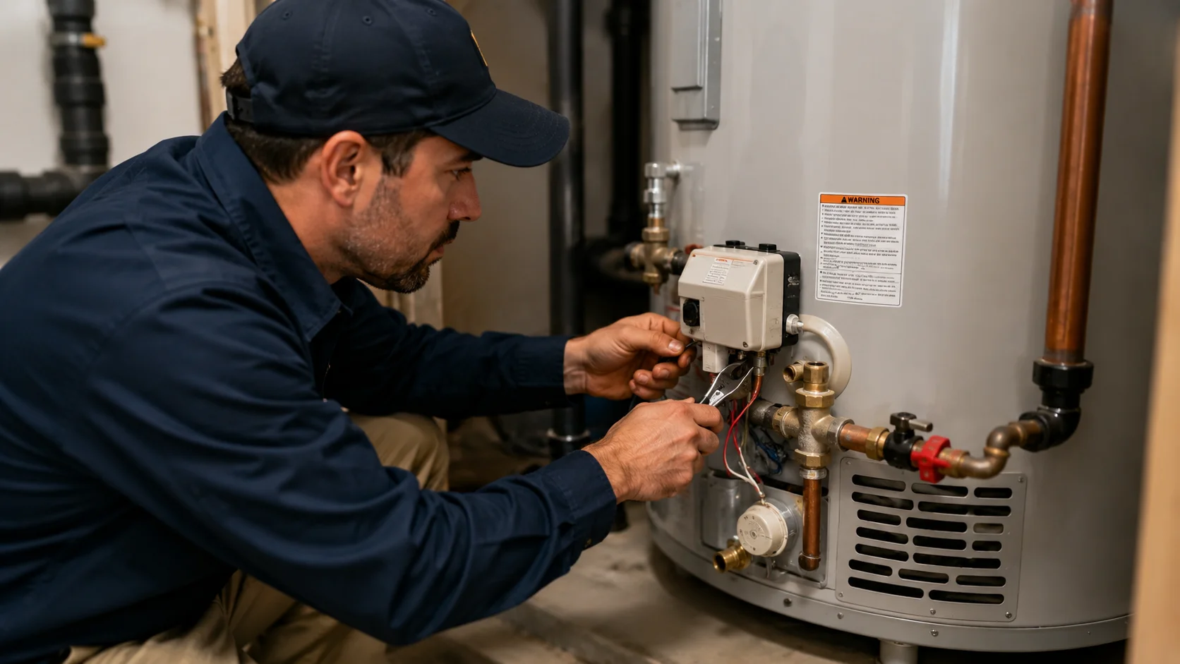 Technician repairing a water heater.