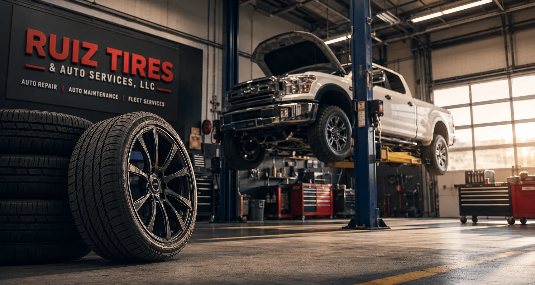 White pickup truck being serviced at a tire shop