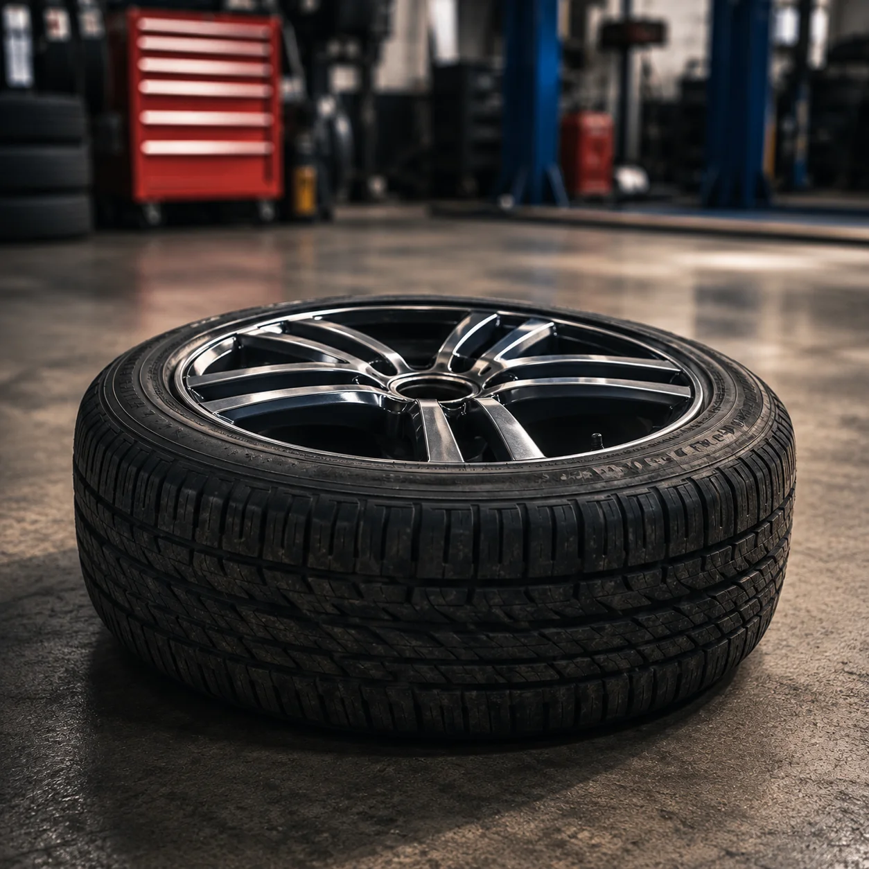 Close-up of a black alloy car wheel with tire in a garage