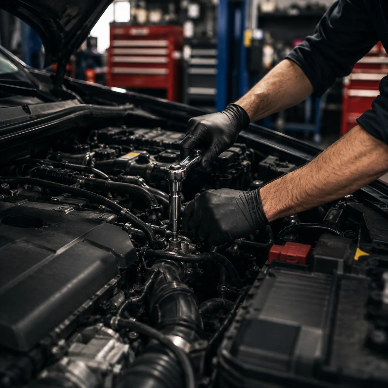 Mechanic using a socket wrench on a car engine