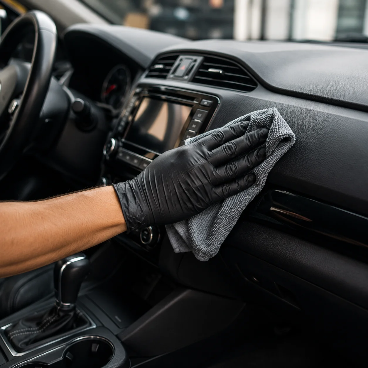 Person cleaning a car interior with a microfiber cloth