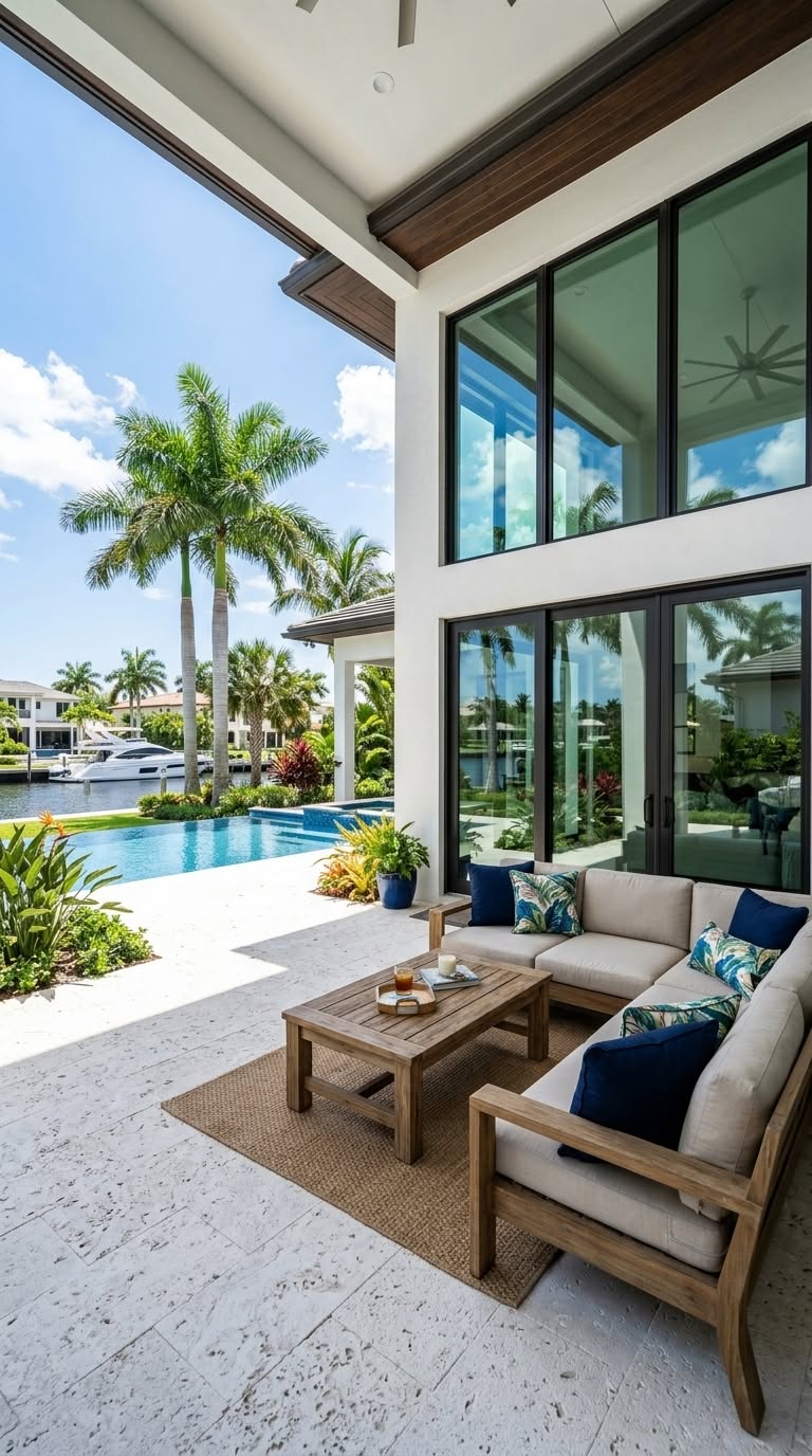 Modern outdoor living space with pool and palm trees
