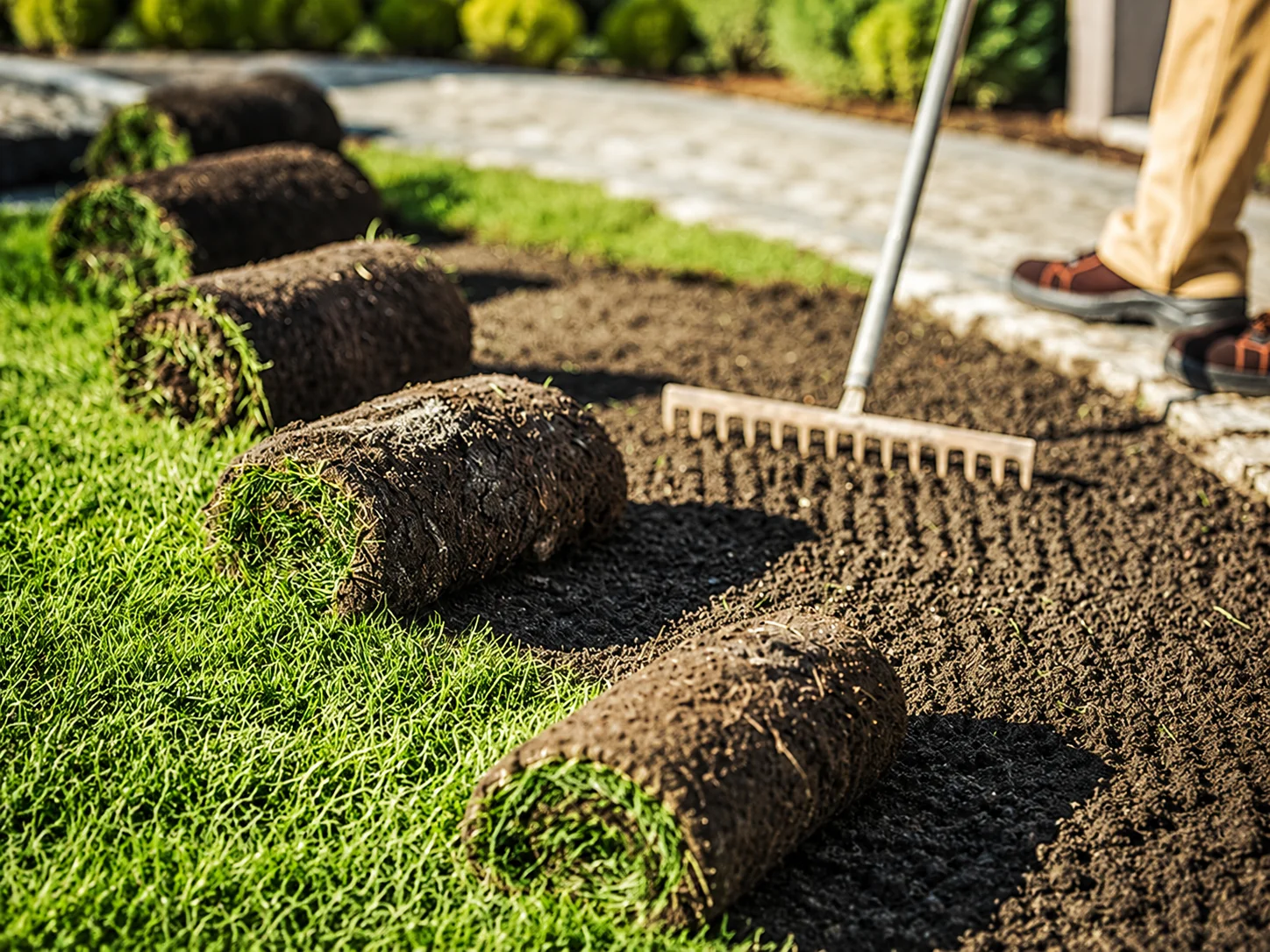 Landscaper laying sod rolls on green lawn
