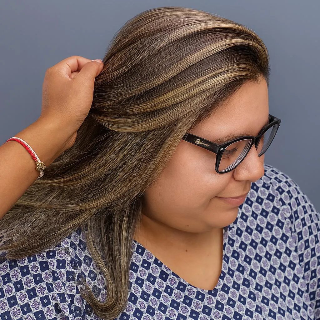Woman with highlighted hair receiving a hair styling treatment