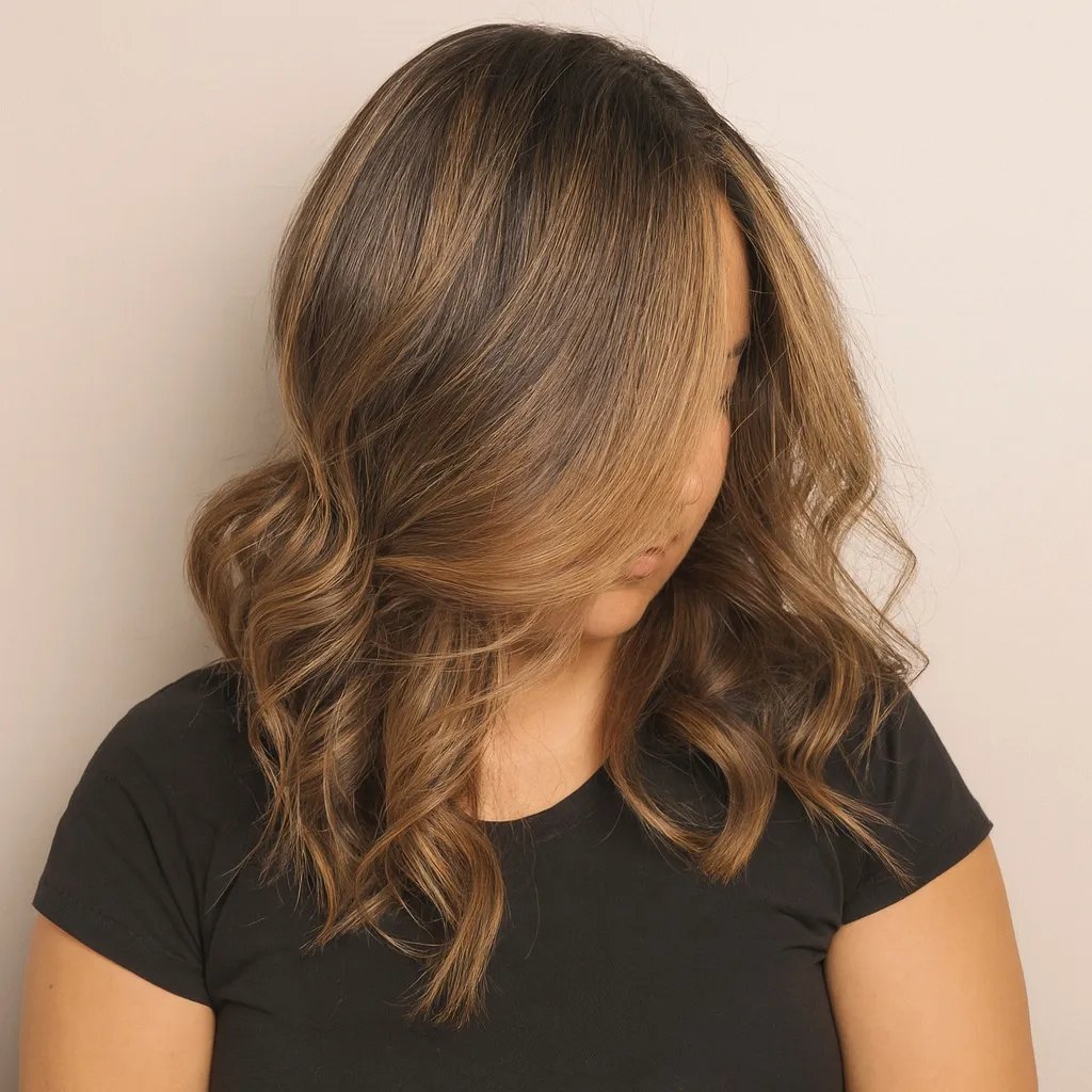 Woman with wavy brown hair and a black shirt, gaze downward.
