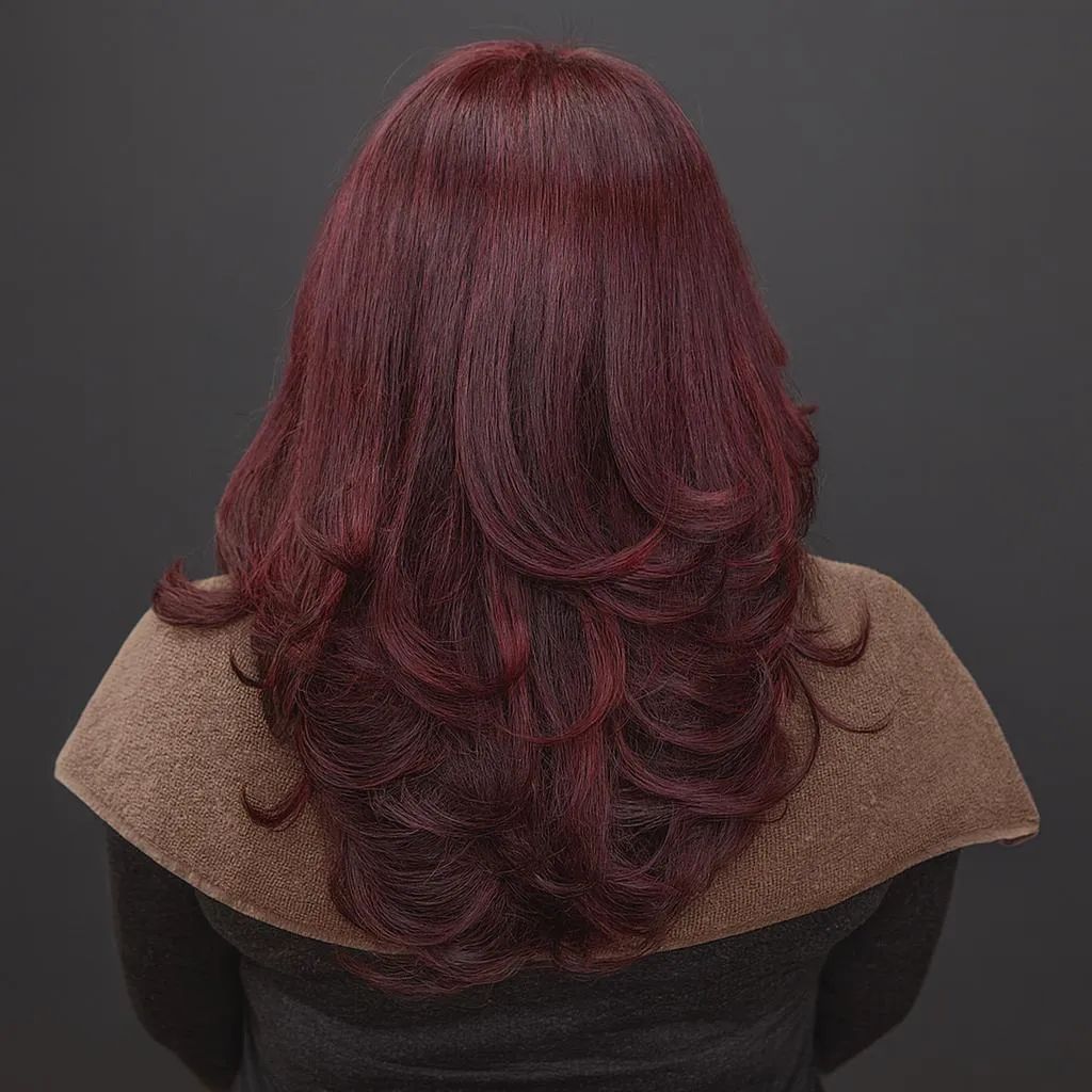 Back view of a woman with long, flowing red hair styled in layers against a dark background.