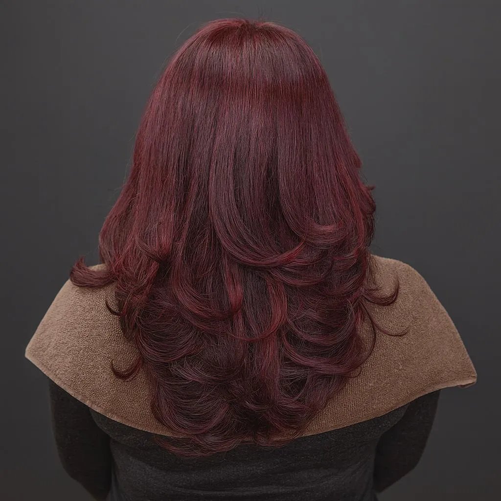 Long, wavy burgundy hair from the back over a brown garment.