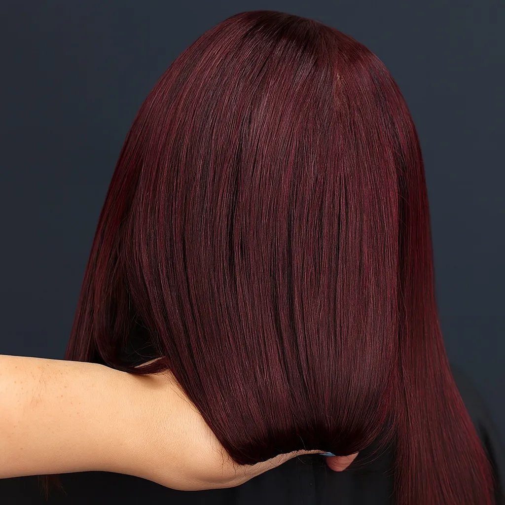 Back view of sleek, burgundy hair held by a woman's hand against a dark background