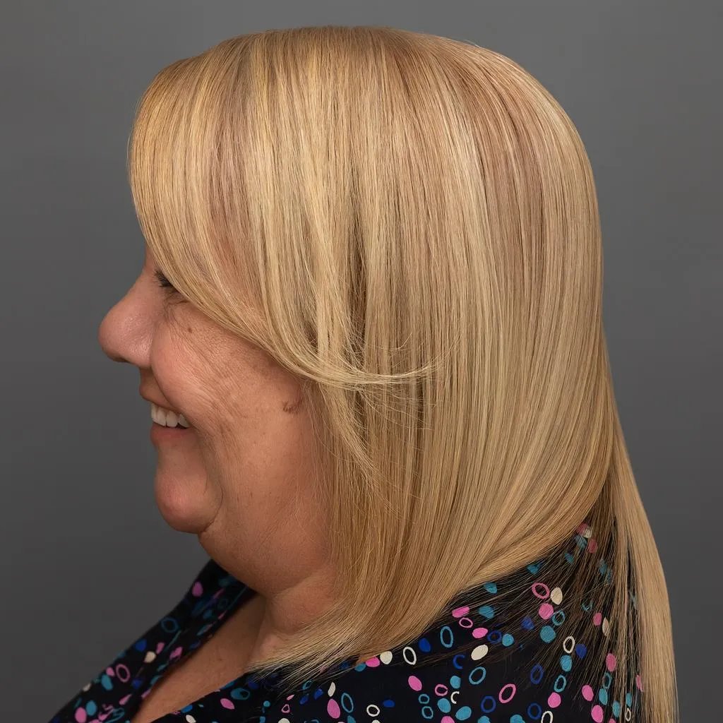 Profile view of a woman with long, straight blonde hair and a cheerful expression against a gray background.
