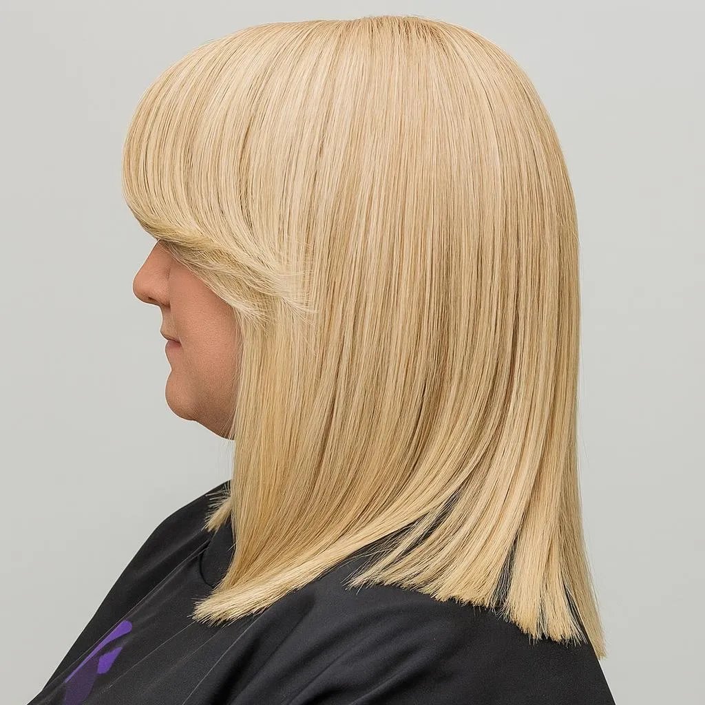 Profile view of a woman with straight, blonde hair in a sleek style