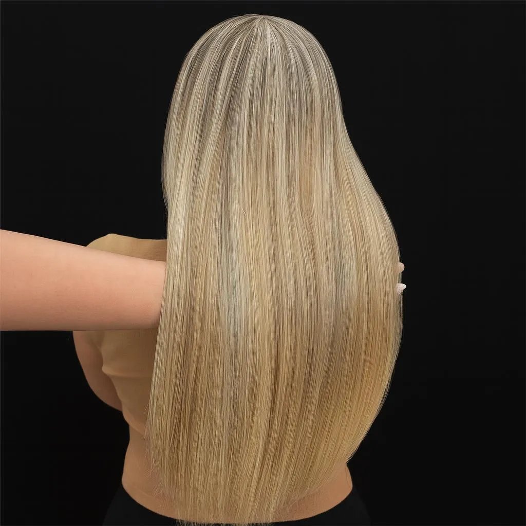 Long, straight blonde hair cascading down a model's back against a black background.