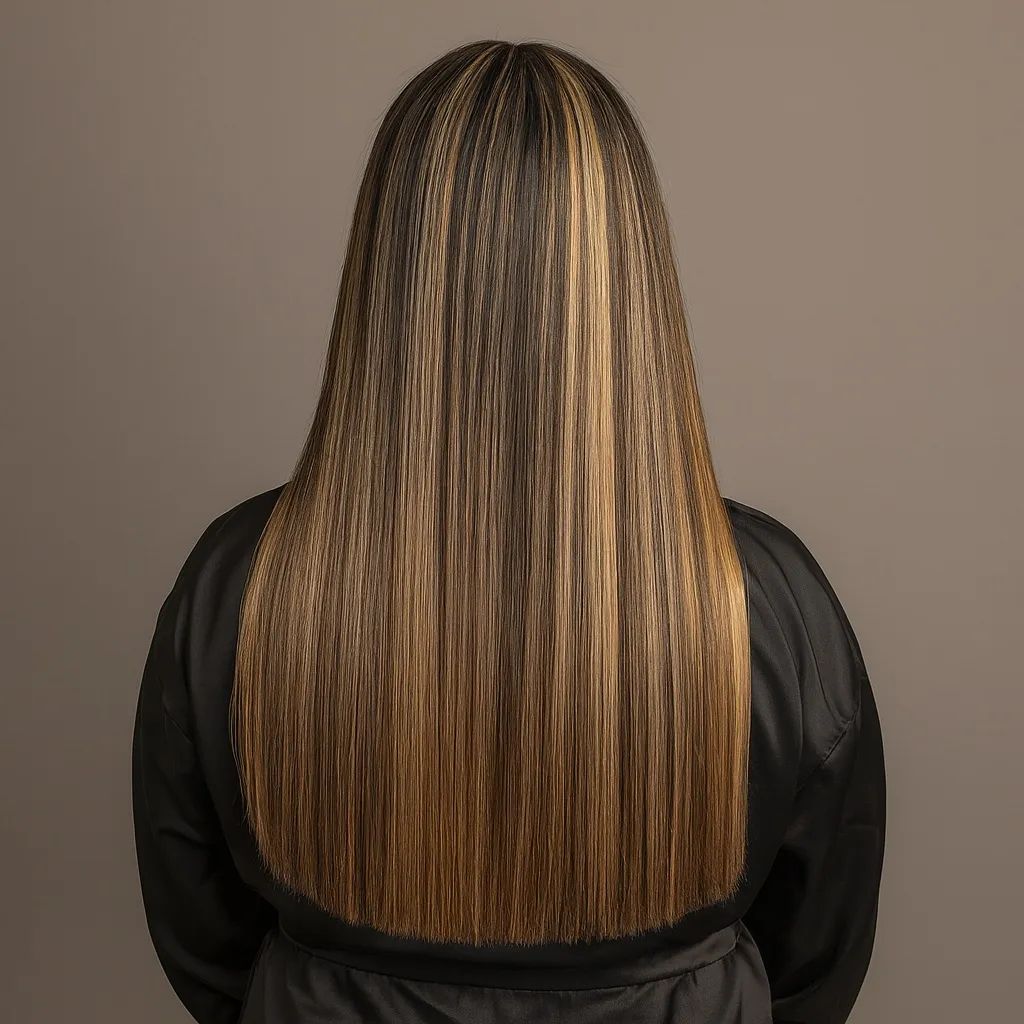 Long hair with blonde highlights styled straight, viewed from behind against a neutral background.