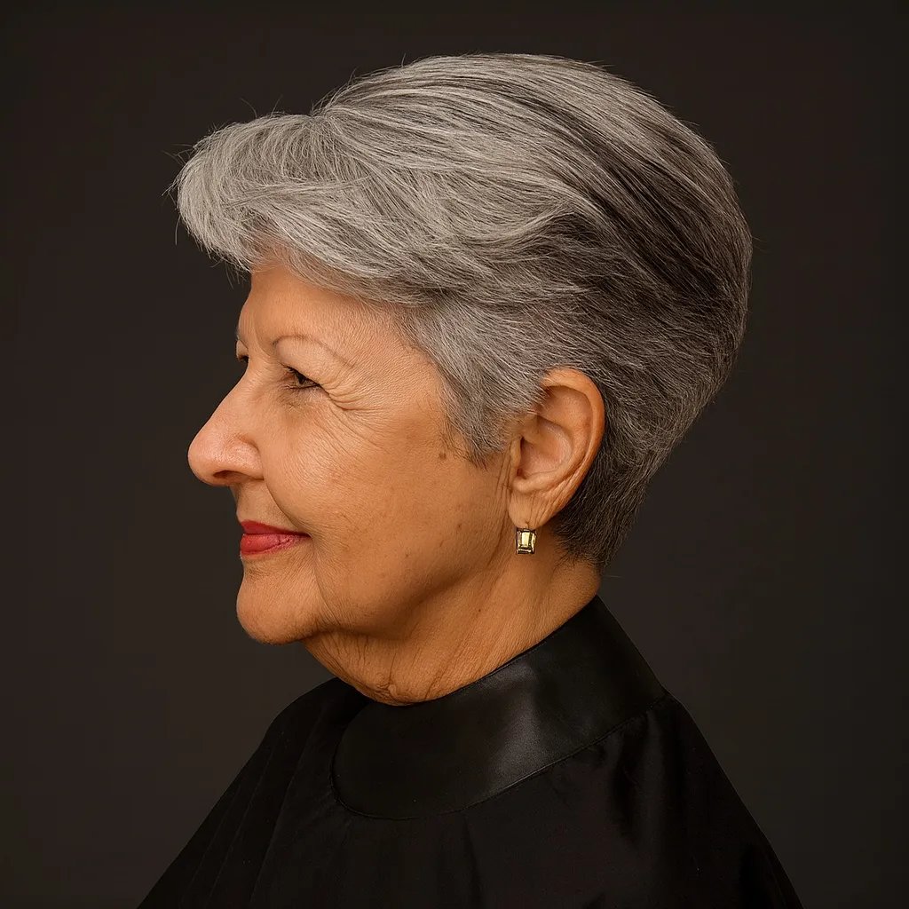 Profile portrait of an older woman with short gray hair against a dark background.