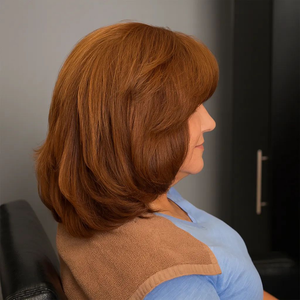 Profile view of a woman with voluminous brown hair sitting in a salon chair.