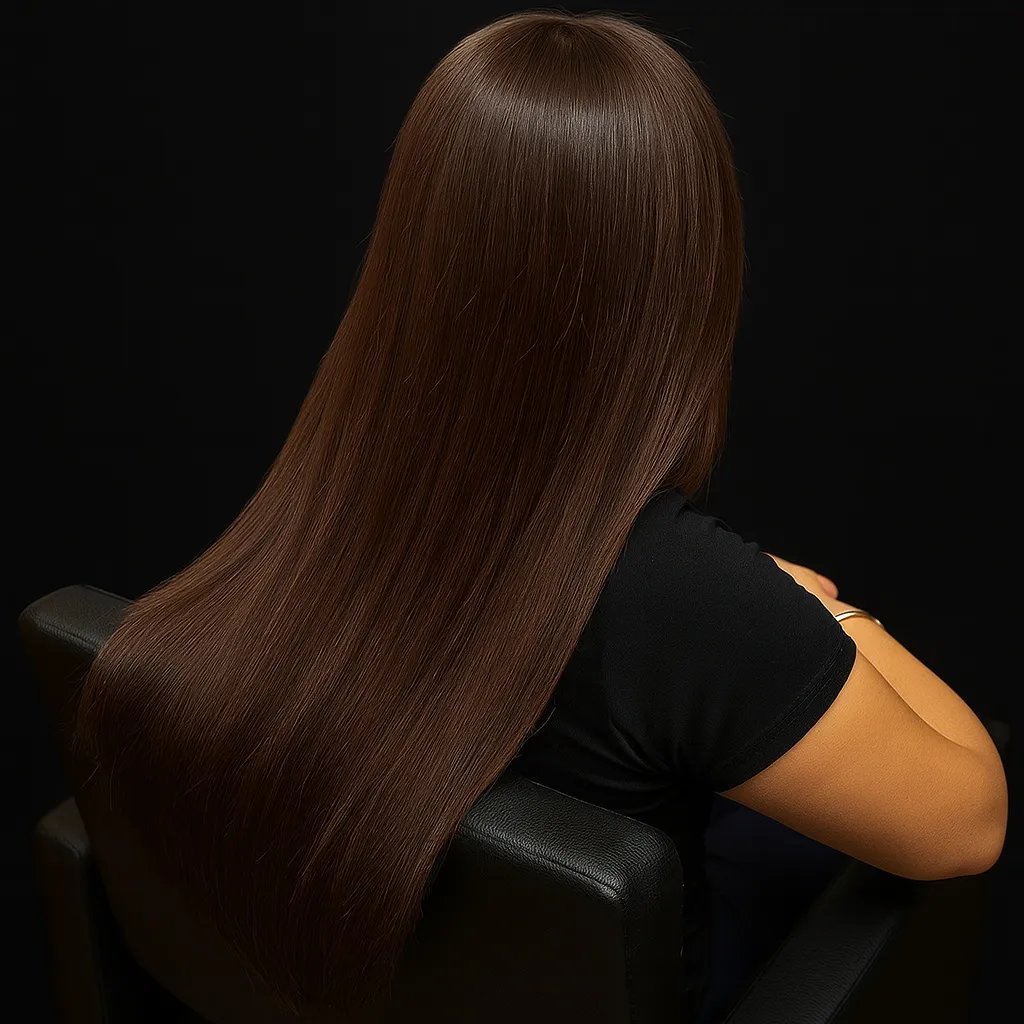 Back view of long, smooth brown hair on a seated person against a dark background.