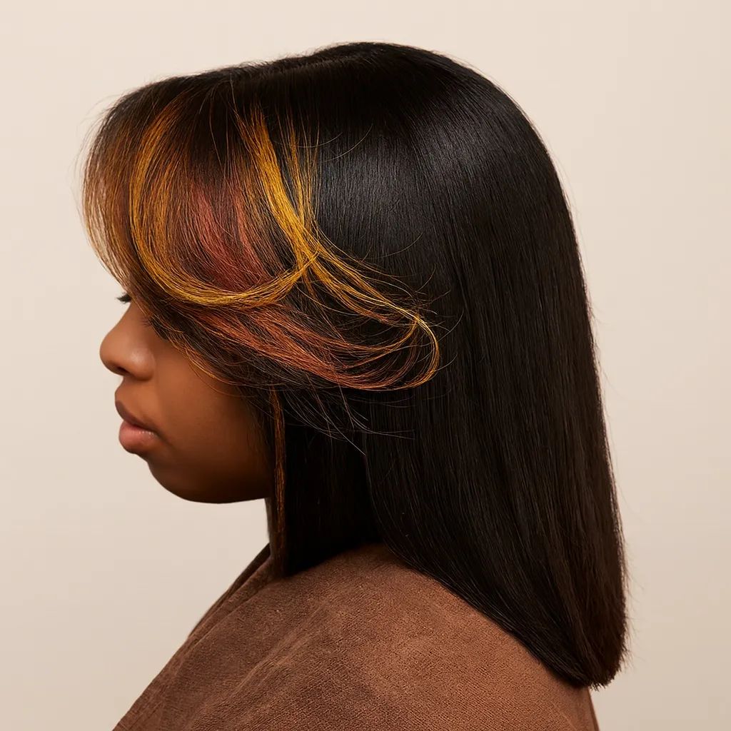 A side profile of a woman with sleek black hair featuring orange highlights.