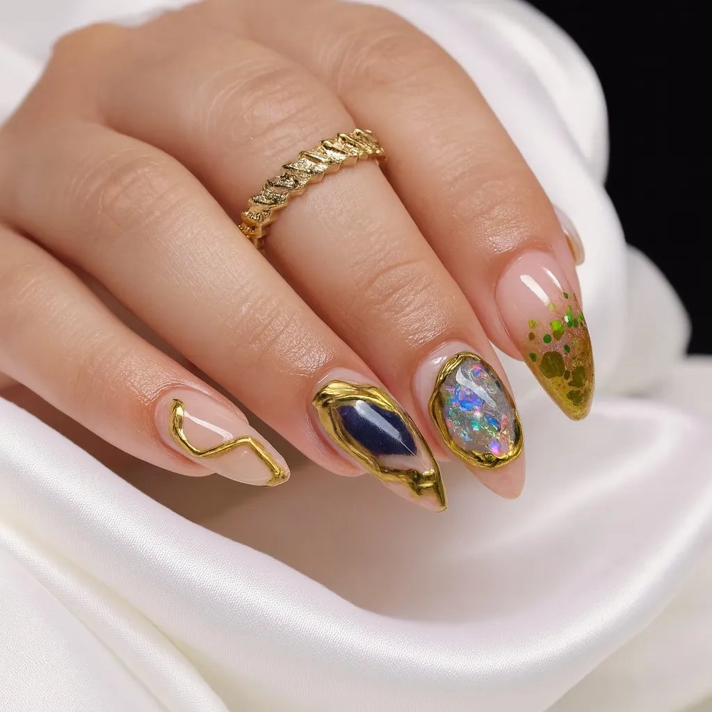 Stylish gold-accented nail art with abstract designs and colorful gemstones.
