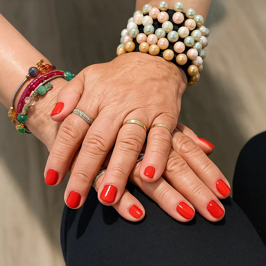 Two hands with red nail polish and colorful bracelets on a wooden surface