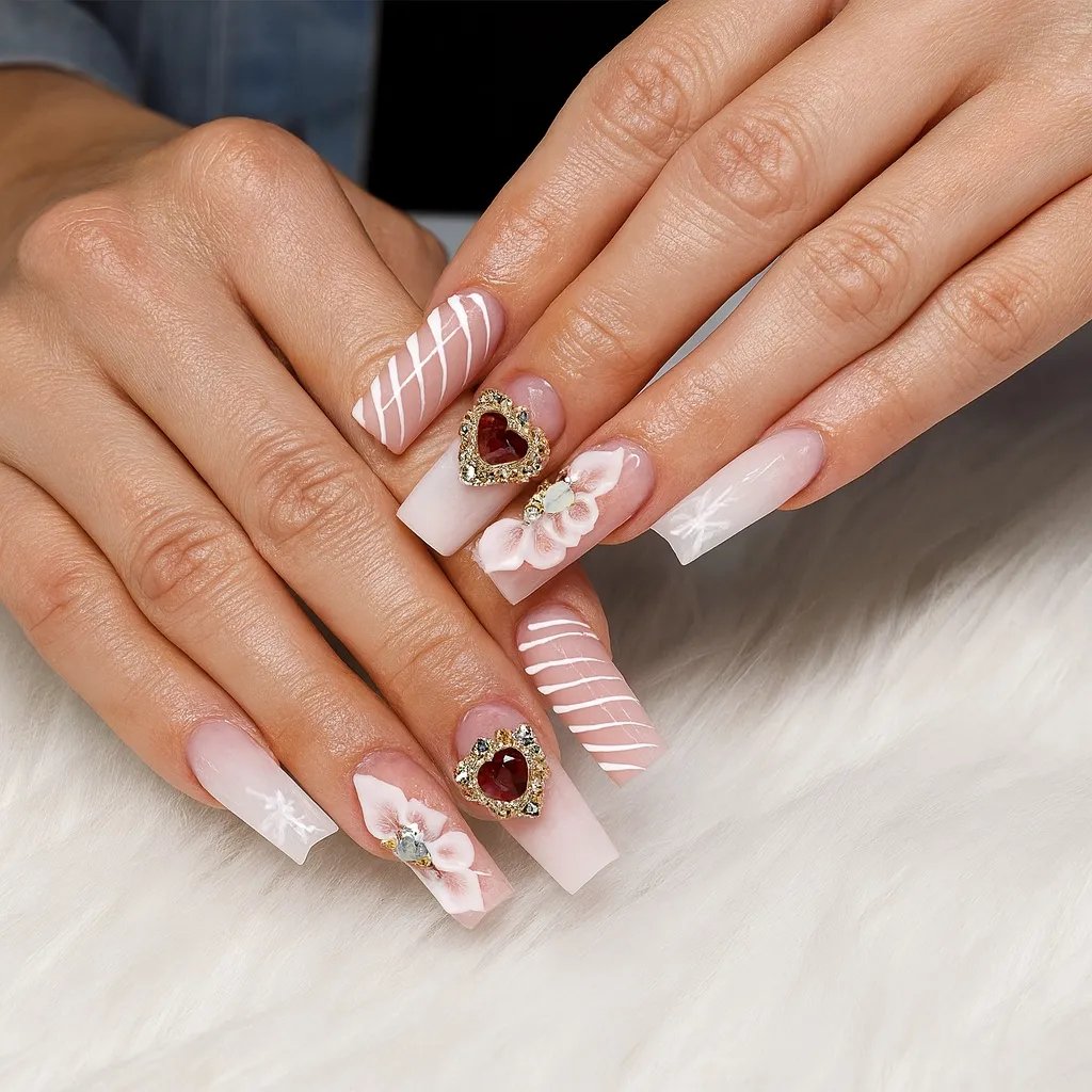 Elegant long nails featuring pink designs, decorated with hearts and bows.